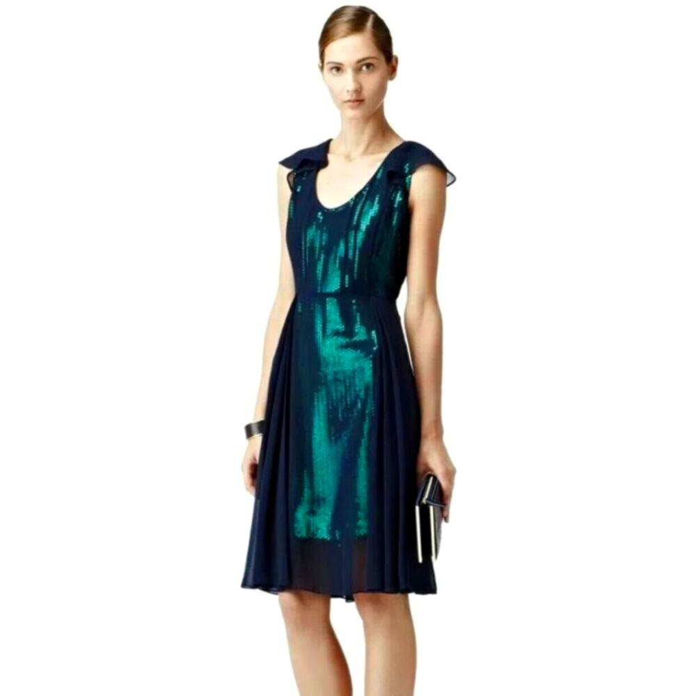 Size 4 Reiss Etta Navy And Teal Seqin Overlay Layered Dress, Ruffled Sleeves